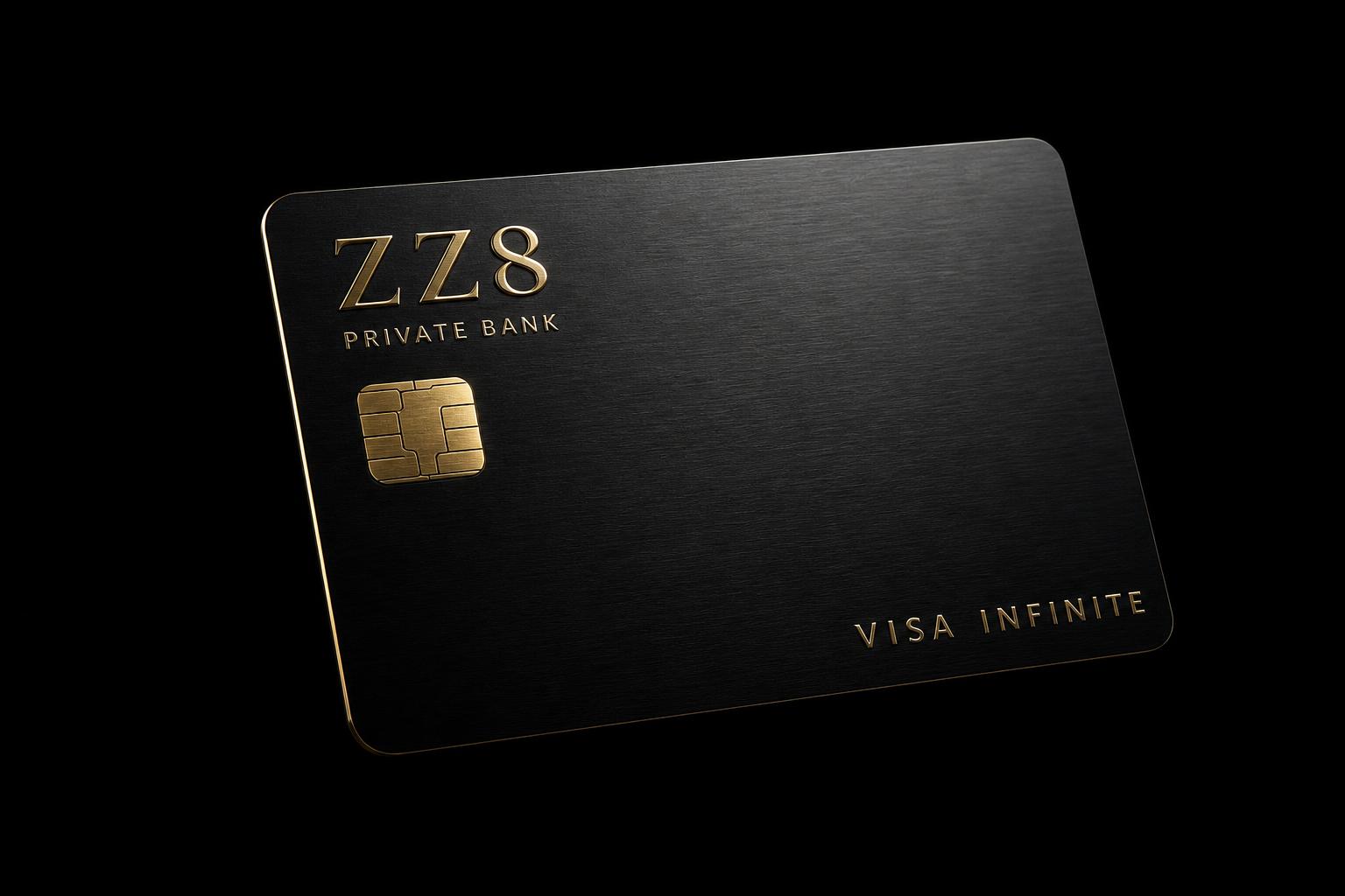 Cartão Visa Infinite ZZ8 Private Bank em preto fosco com detalhes dourados